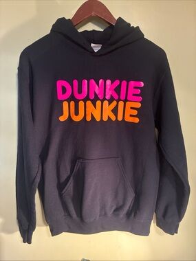 Black Hoodie with Pink & Orange "DUNKIE JUNKIE" Graphic Size small Dunkin Donuts